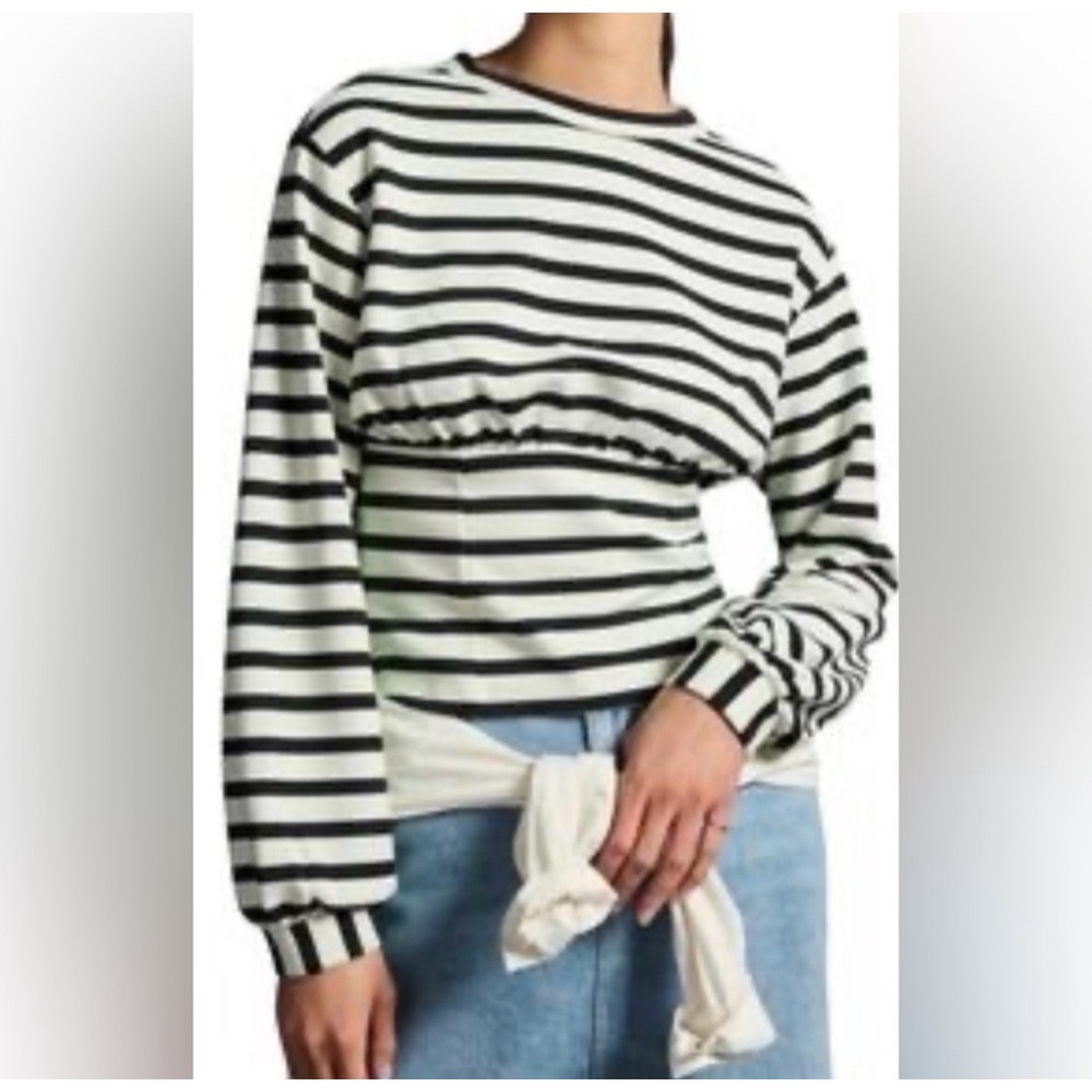 Maeve Anthropologie Striped Smocked Waist Ottoman Top Black White XS Petite